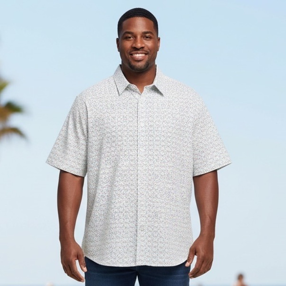 Cremieux Mens 3XB Short Sleeve Button Up Shirt Geometric Print White Multicolor